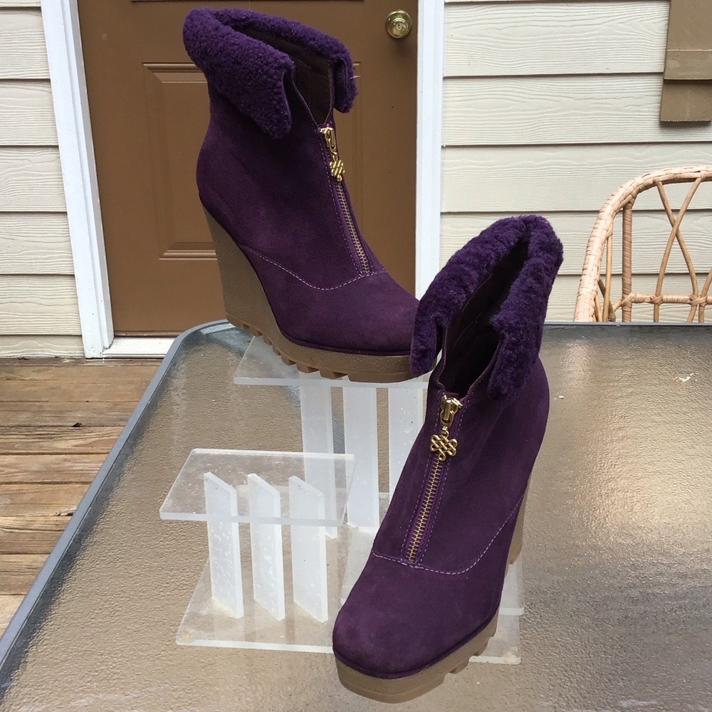 Diane Von Furstenberg Jave Purple Suede Wedge Ankle Boots W/Faux Fur Trim